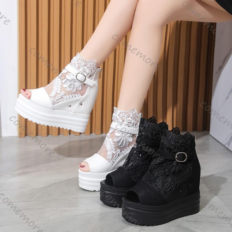 Fashion Comemore Summer Buckle Platform Sandals Women Cool Boots 10cm Wedges High Heel Height Increasing Peep Toe Lace Breathable Shoes