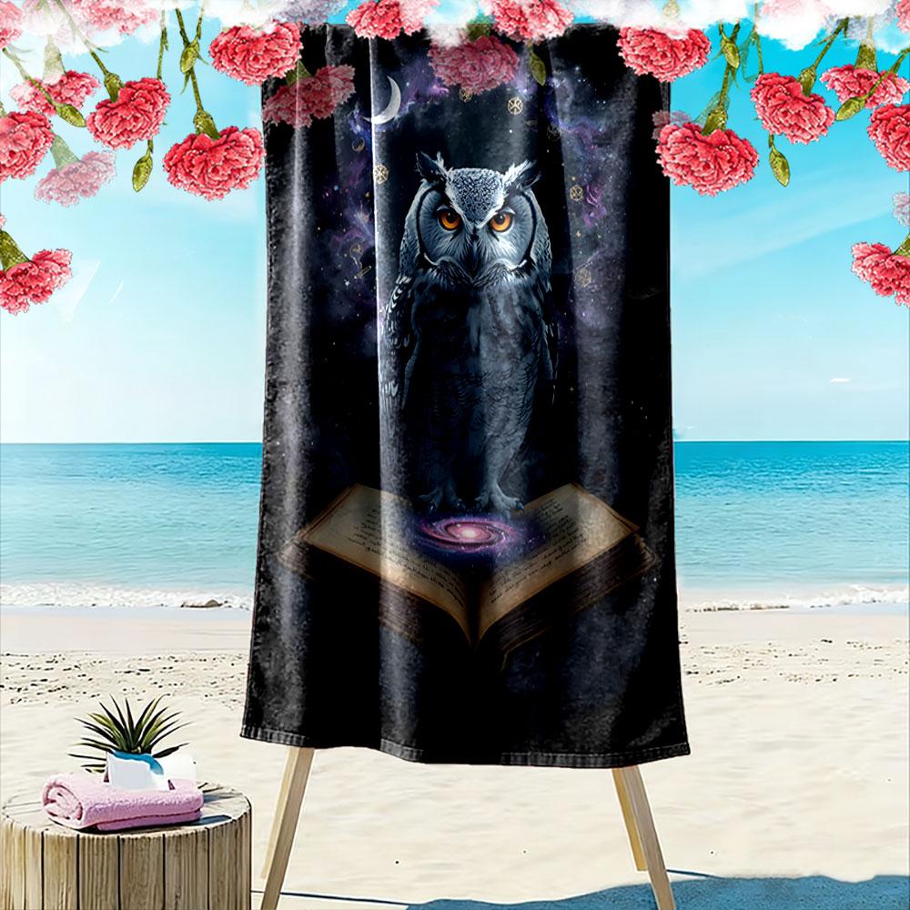 Mystical owl and cosmos Print beach towel, quick drying, suitable for travel, outdoor sports, jogging, the beach and swimming, gift