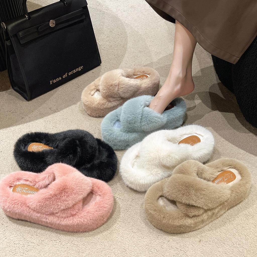 Large size thick bottom cross with fluffy slippers for women to wear 2025 new muffin thick bottom heightening soft bottom household cotton mop