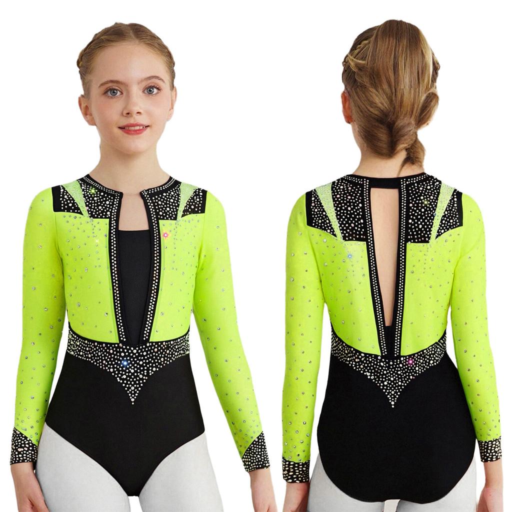 Girls Gymnastics Leotard Long Sleeve Keyhole Back Shiny Rhinestones Figure Skating Dancewear