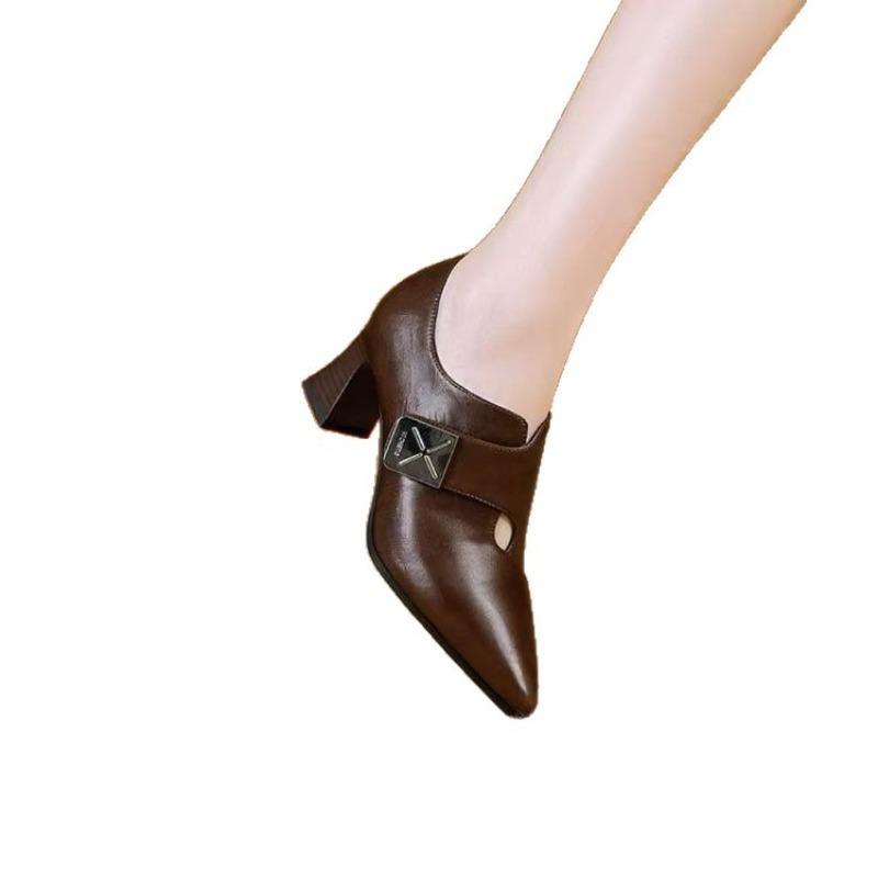 New Style Pointed-toe Thick-heeled High Heels for Men. Versatile Hollow-out Shoes.