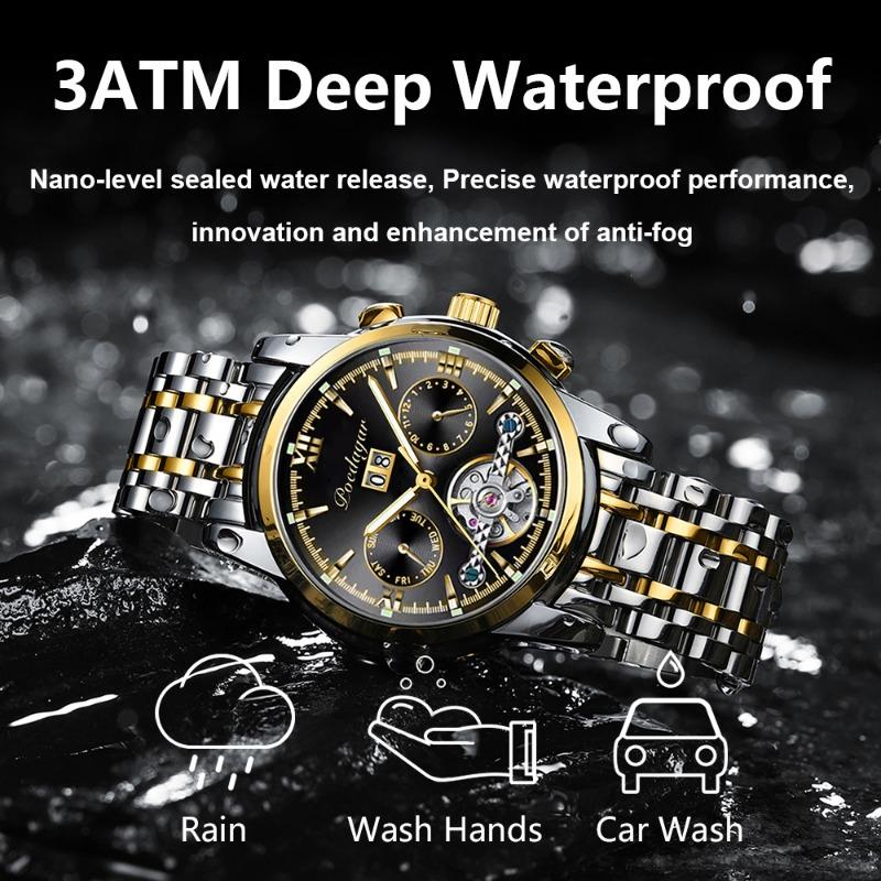 POEDAGAR Automatische mechanische Herrenarmbanduhr Hohl-Tourbillon Edelstahl-Uhr Wasserdicht Leuchtend Datum Uhren