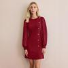 Women's Spring Round Neck Snap Button Slim Fit Long Sleeve Solid Color Dress
