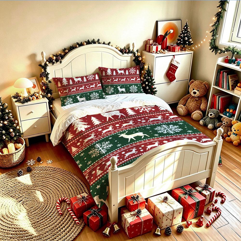 Christmas Duvet Cover Set 3Pcs Nordic Knit Reindeer Snowflake Tree Print Soft Microfiber Bedding with Pillowcases Decor