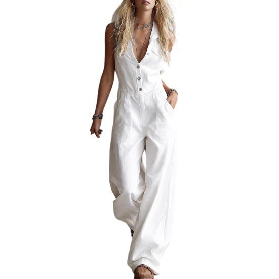 

Summer Women Jumpsuit V Neck Sleeveless Front Button Casual Loose Wide Leg Pants Ladies Long Romper Overall with Dual Pockets L