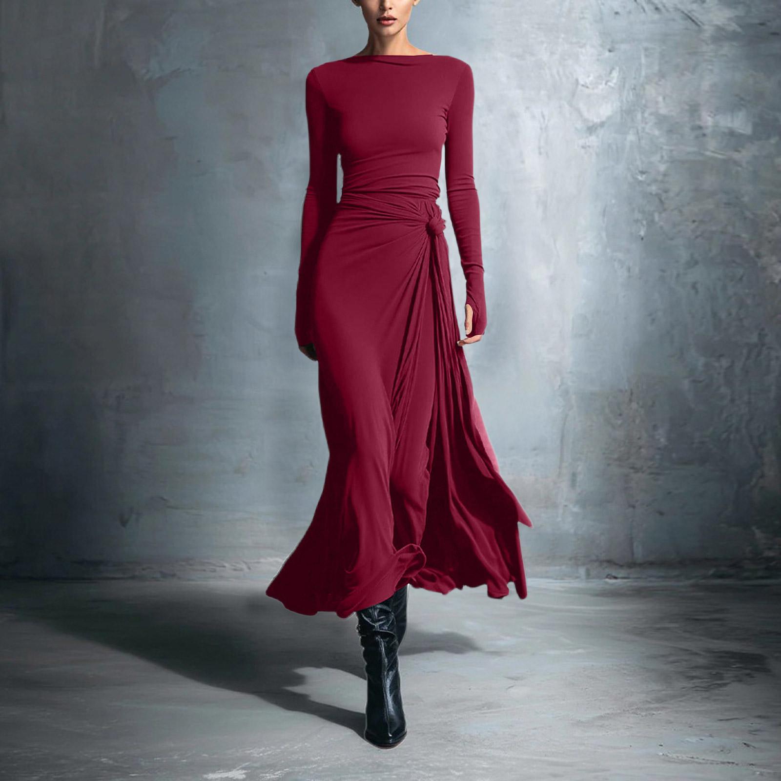 

Women s Color Round Neck Long Sleeved Waist Cinched Dress M винний