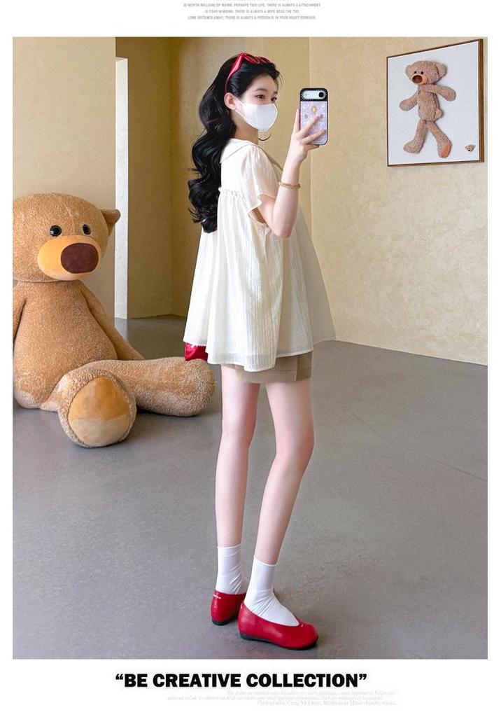Korean-Style Petite Maternity Summer Set with Ruffle Doll Top & Belly Support Shorts