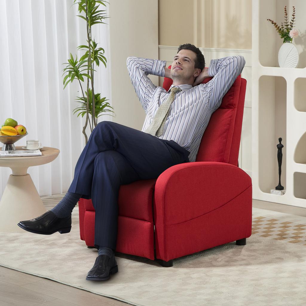 Manual Reclining Relax Armchair with Footrest, Reclining Armchair In Linen-Effect Fabric for Bedroom, Lounge and Living Room, Red