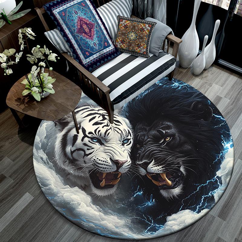 Yin Yang Tiger Lion Round Area Rug,Carpet Rug for Living Room Bedroom Sofa Playroom Decor,Non-slip Floor Mat