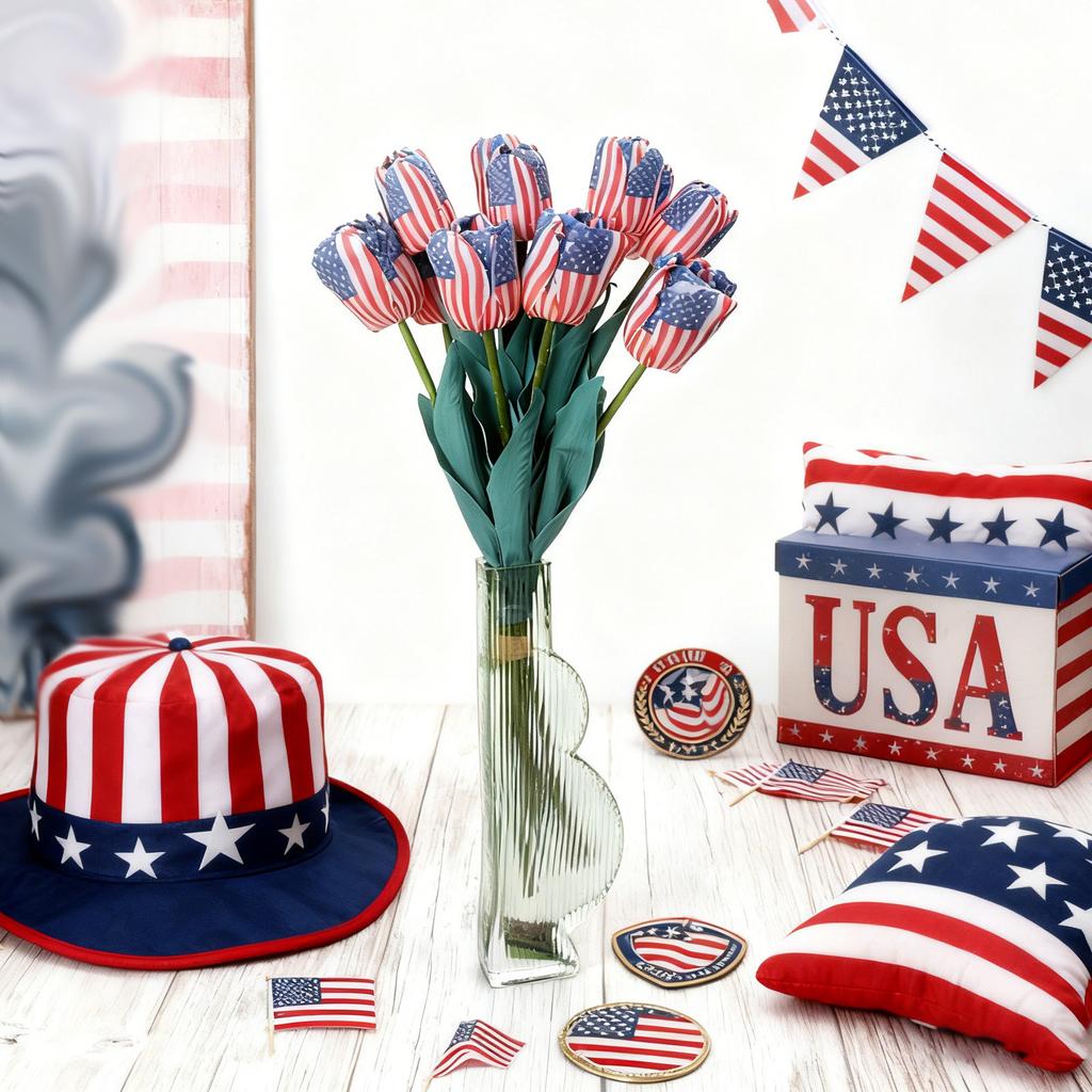 Künstliche Sträuße im Thema der amerikanischen Flagge, Festliche Dekorationen, Florale Kunst aus Stoff.