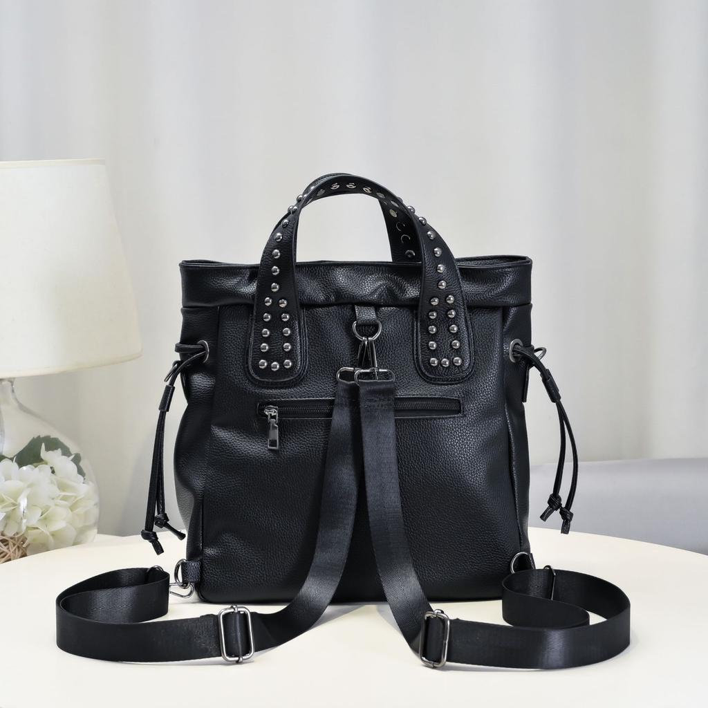 Rivet Ladies' Street Trendy Soft Leather Versatile Large Capacity European and American Style Handheld Single Shoulder Backpack for Women