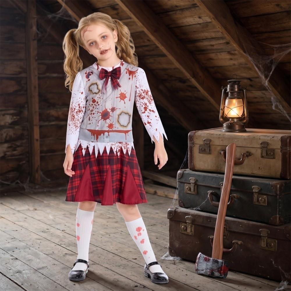 Creepy Halloween Zombie Costume Red Plaid Bloody Dress NPC Zombie Cosplay Costume Halloween