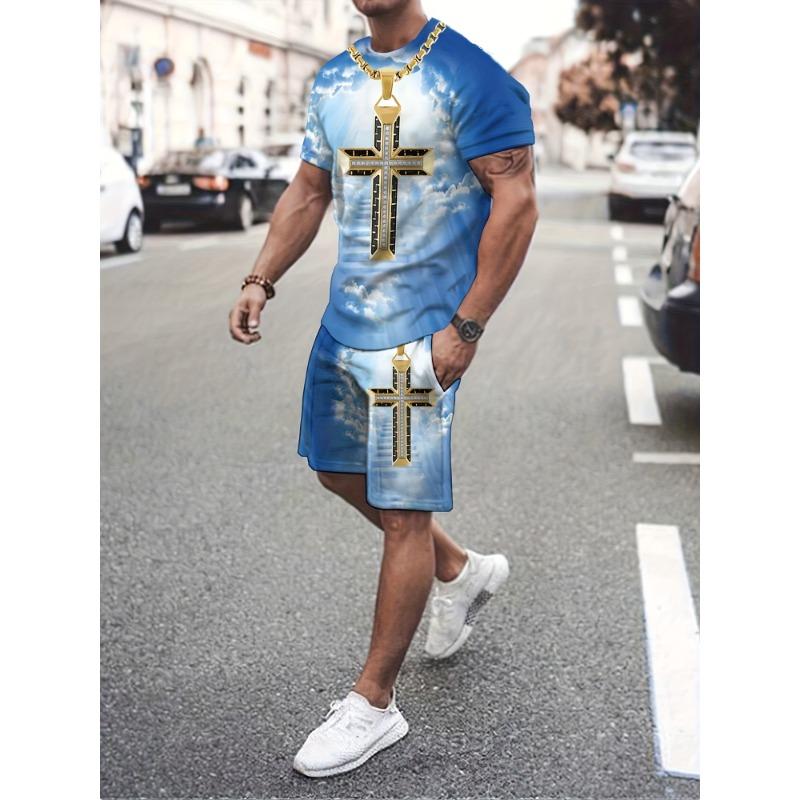 

European And American Men s Christian Cross Casual Crew Neck T-shirt & Shorts, God Bless You Fashionable Sports Suit, Versatile Summer Wear S