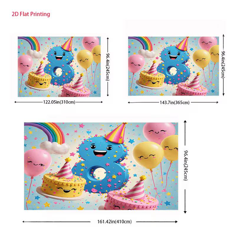 Toile de fond 2D pour 8ème anniversaire pour filles, Mignon Chiffre 8 Dessin Animé avec des Gâteaux Souriants et des Ballons