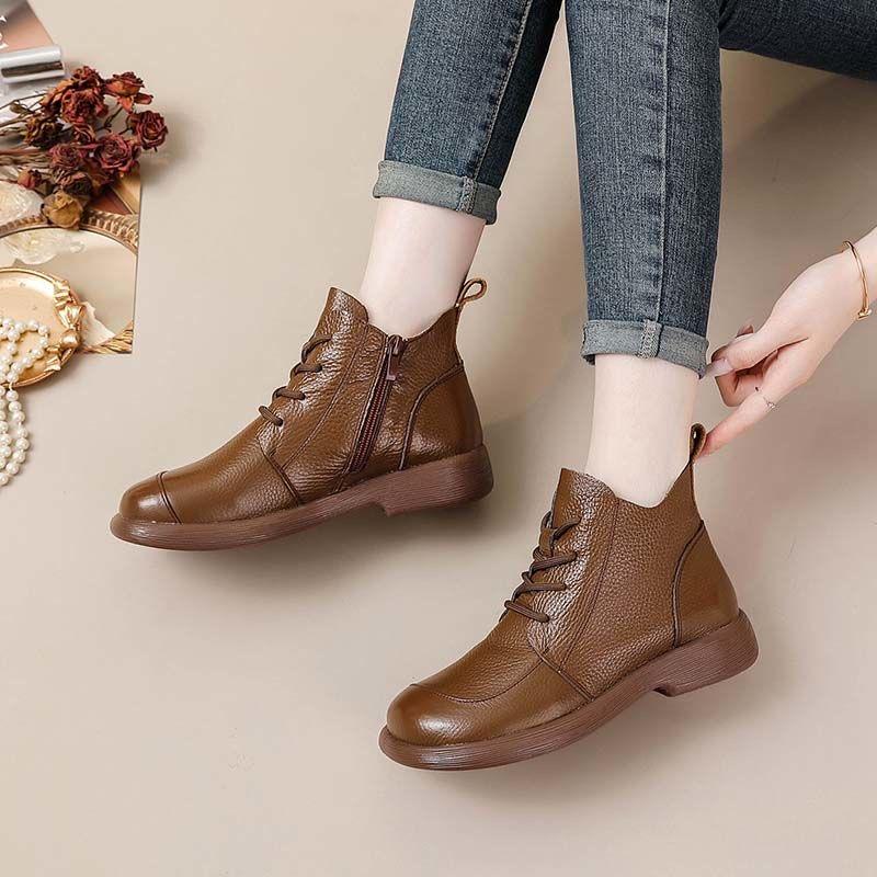 100% Äkta Läderskor Kvinnor Ankelstövlar Vår Höst Retro Mjukt Nötskinn Märke Dam Enkla Stövlar Mammaskor Plusstorlek 41