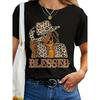 European Size Blessed Pattern T-shirt Black Jeans Western African Christian T-shirt Leopard Print Gold Chain Short Sleeve Suitable for Women