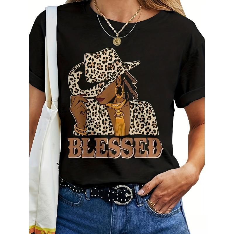 

European Size Blessed Pattern T-shirt Black Jeans Western African Christian T-shirt Leopard Print Gold Chain Short Sleeve Suitable for Women 4XL
