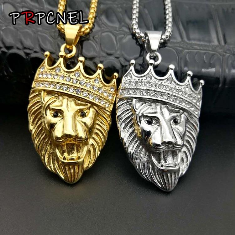 Full Iced Rhinestone An Crown Lion Tag Necklaces Pendants Cuban Chain 316L Stainless Steel Hip Hop Gold Silver Color Jewelry