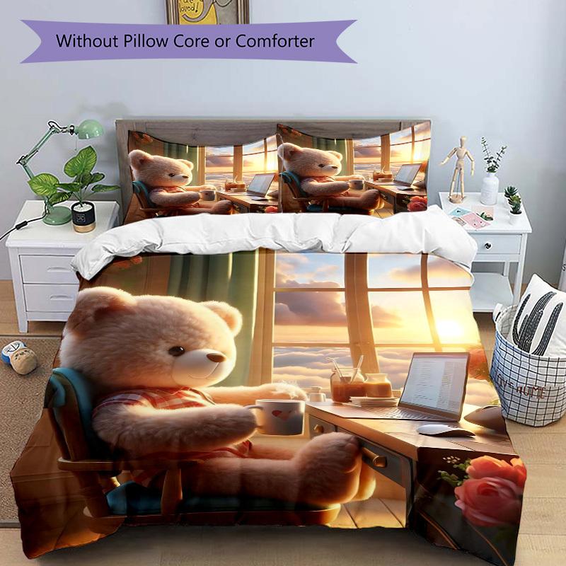 3-teiliges Anime-Teddybär-Bettwäscheset - Enthält einen Bettbezug und zwei Kissenbezüge (Kein Kern) - Perfekt für Schlafzimmer- und Gästezimmerdekoration,