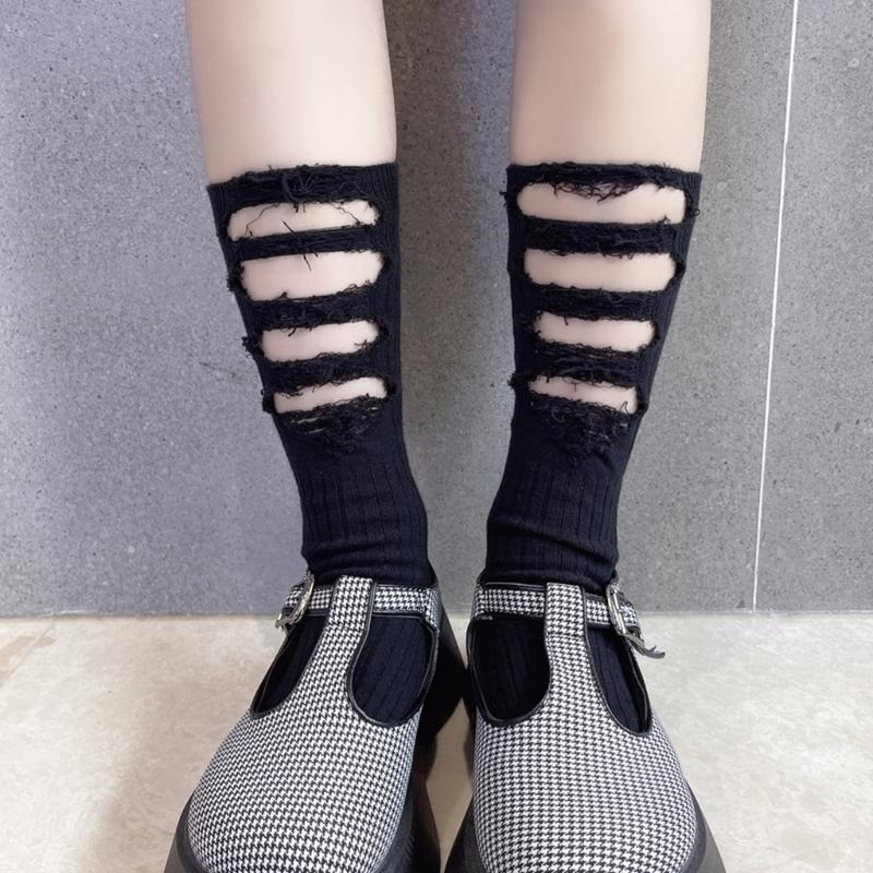 Women Gothic Ripped Holes Crew Socks Ribbed Knitted Harajuku Punk Hip Hop Skateboard Middle Tube Hosiery Streetwear
