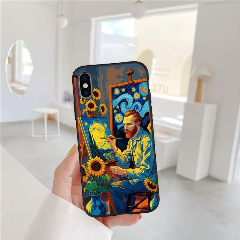 BF101 Starry Night Van Gogh Painting Soft Shell Phone Case for iPhone 16 15 14 13 12 Pro Max Plus Mini