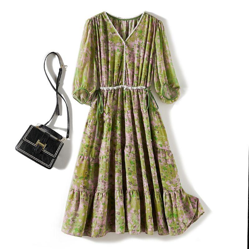 

Grab the Original Sun-Proof Dress! Ruili Women s Three-Quarter Sleeve Poplin Yarn Print Pearl Edge V-neck Dress Summer Green 4XL