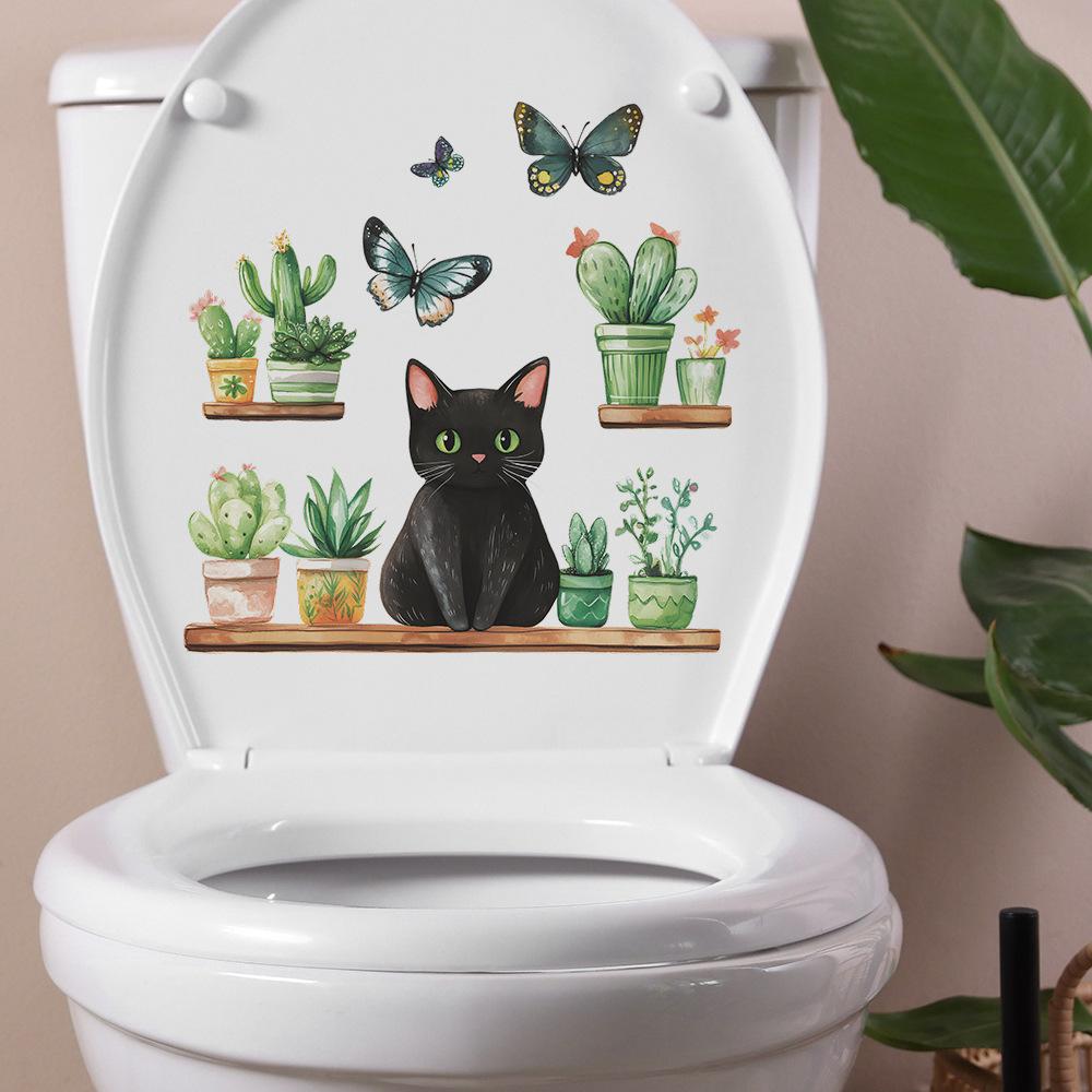 Grünpflanzen im Topf Schwarze Katze Toilette Badezimmer Toilette Heimverschönerung Dekoration Aufkleber