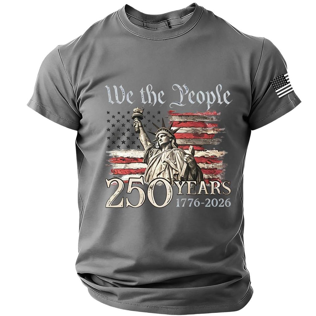 Męska koszulka z krótkim rękawem i okrągłym dekoltem z nadrukiem Statuy Wolności i flagi We The People 250 lat 1776 2026
