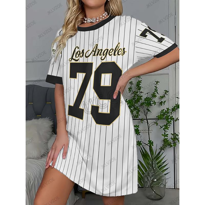 New Arriavl Summer Stripe Los Angeles 79 Print Women Short Sleeve T-shirt Dress Hawaii Vacation Casual Maternity Fashion Dress