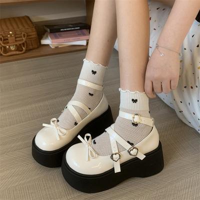 Fashion Women's Chunky Round Toe Pumps Sweet Bow Lolita Shoes New Girls Kawaii Heart-shaped Buckle Mary Jane Shoes JK Uniform Shoes