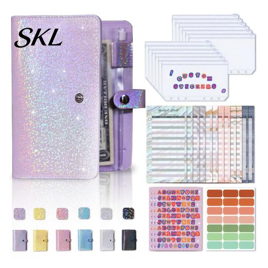 Macaron Color Notebook A6 Budget Planner Notebook, Glitter Cash Tracker Journal, Financial Refillable Accounting Organizer with Dividers for