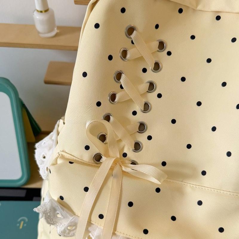 Kawaii Rosa Gepunkteter Spitzenrüschen-Rucksack für Mädchen Japanischer JK-Stil Kreuzschnürung Schultasche für Grund- und Mittelschüler Niedliche Reisetasche