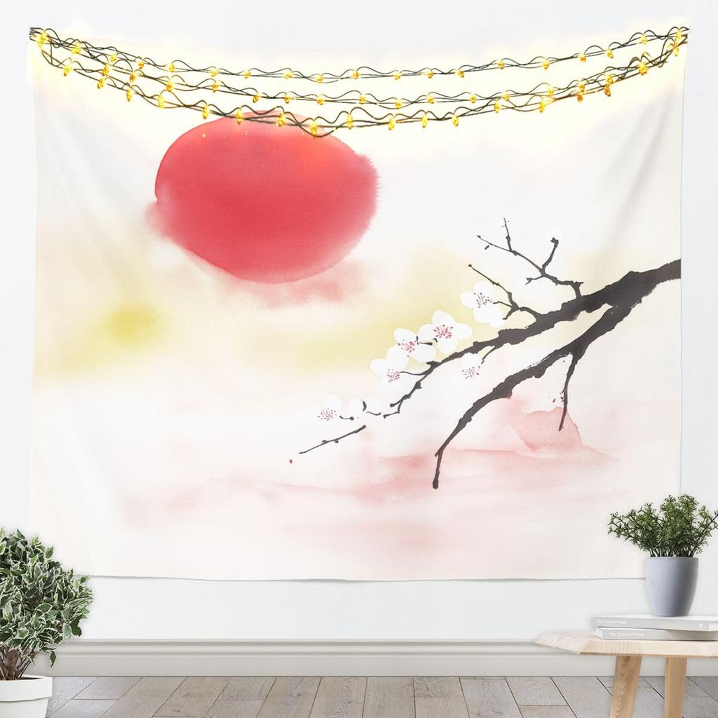 Cherry Blossom Tapestry Japanese Style Wall Art for Living Room Bedroom Chinese Ink Painting Wall Hanging Blanket Plum Blossom