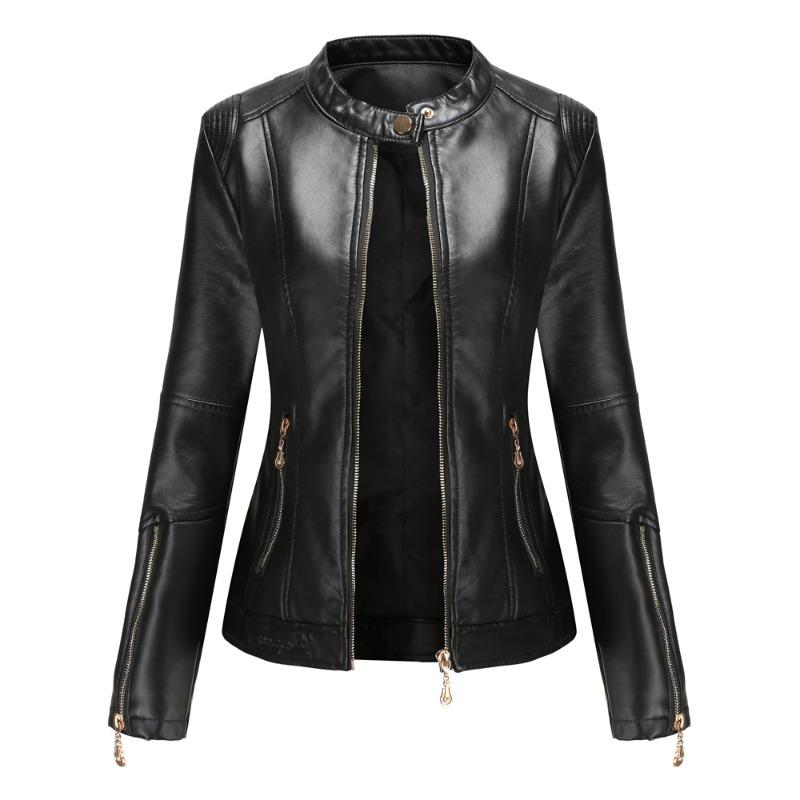 New fashion women's leather jacket leather short jacket stand-up collar jacket women's spring and autumn thin leather jacket navy blue leather jacket