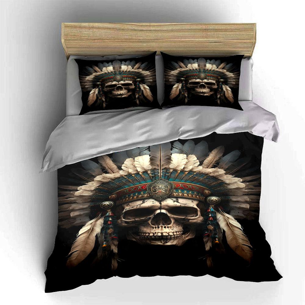 Skull with feather headdress. Bedding sets Duvet cover sets Duvet covers Pillowcases(1 * Duvet Cover 2 * Pillowcases without duvet insert)