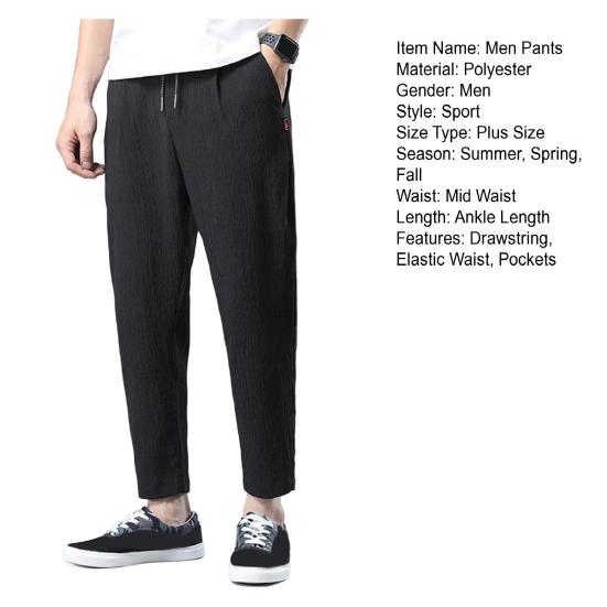 Men Ninth Pants Drawstring Elastic Waist Straight Leg Loose Solid Color Pockets Plus