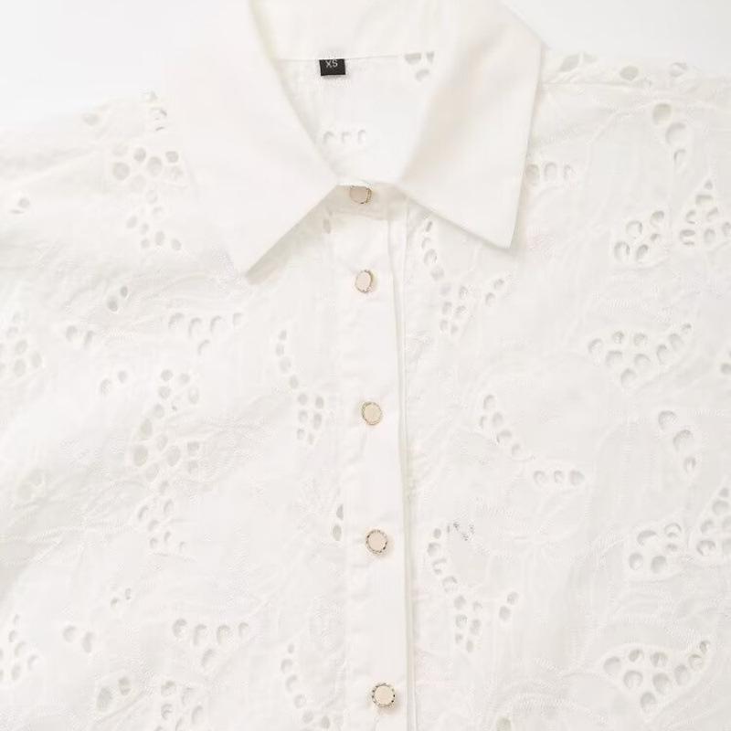 Summer European & American Street Fashion: Women's Hollow Embroidery Loose Long-Sleeved Shirt
