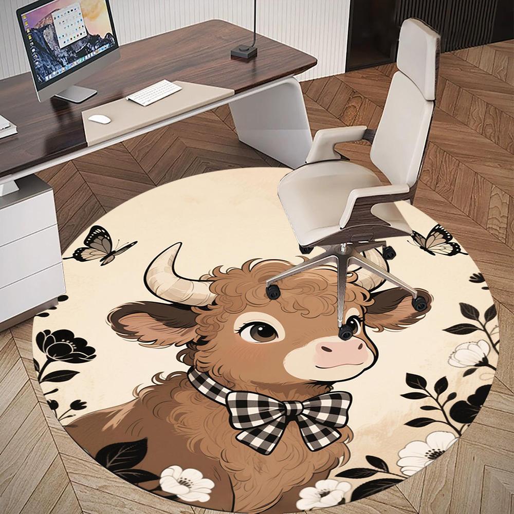 1PC Cow Bowtie Flowers Round Chair mat Area Rug - Non-Slip, Floor Mat for Office, Bedroom, home decor Christmas Gift c0528044