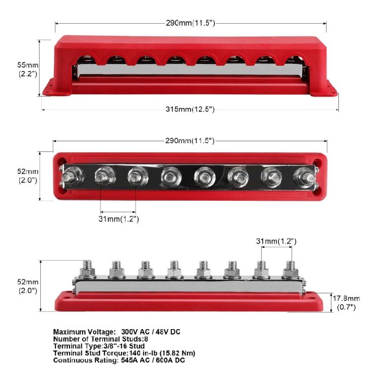 48V 600A 3/8'' Bus Bar Terminals Battery Power Distribution Block With Cover