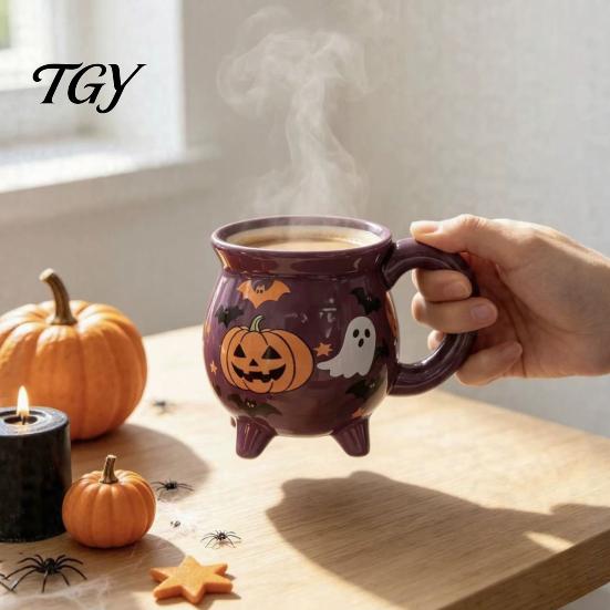Cute Ghost Pumpkin Teacup Halloween Witch Cauldron Coffee Mug, 360ml Spider Web Pattern Holiday Gift for Enthusiasts Ceramic Cup, Spooky Drinkware