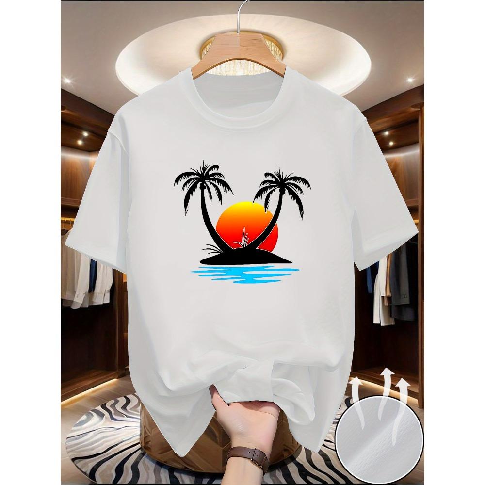 Men's Summer Loose and Comfortable Breathable Coconut Tree Print Round Neck Short Sleeved T-shirt Top