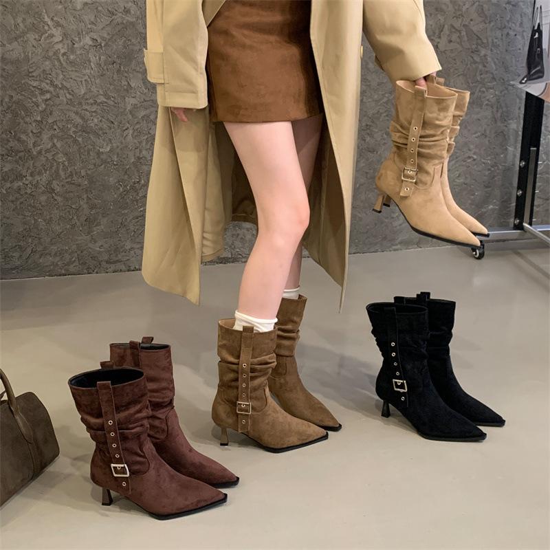2025 New Retro Suede Pointed High-heeled Pleated Piled Boots Autumn and Winter New Belt Buckle Western Medium Boots Women