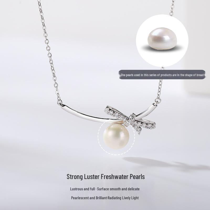 S925 Sterling Silver Bow & Freshwater Pearl Necklace