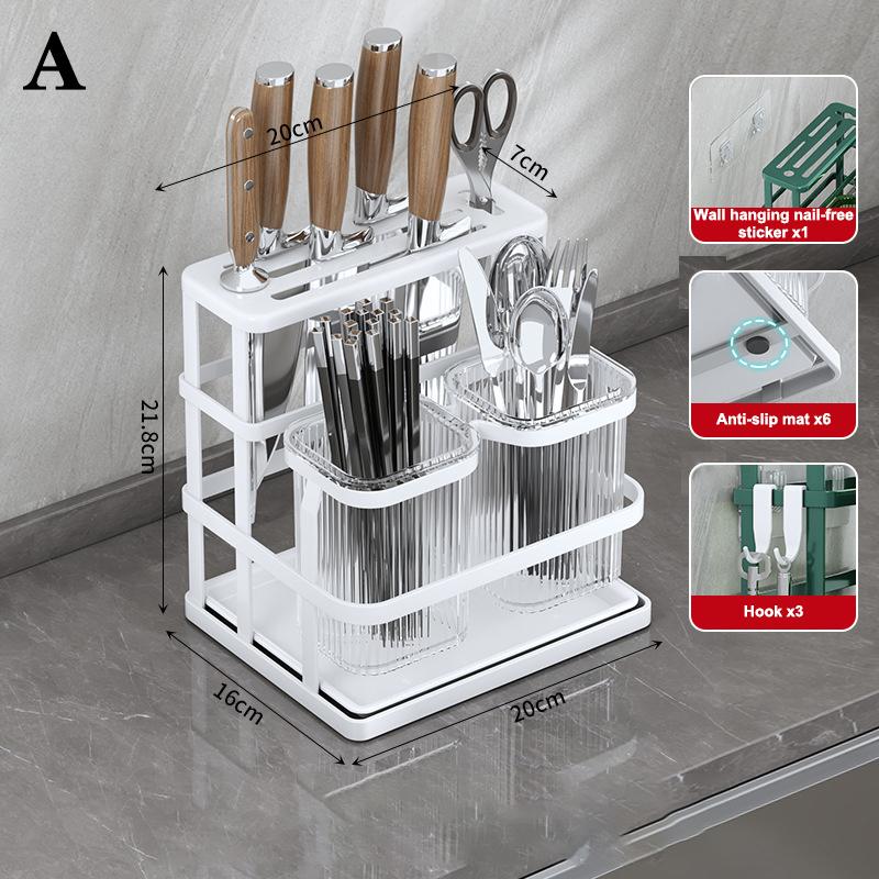 Wall Mounted Kitchen Cutlery Organizer Knife Spoon Fork Chopstick Drain Rack Drainer Utensil Kitchen Storage Punching Free