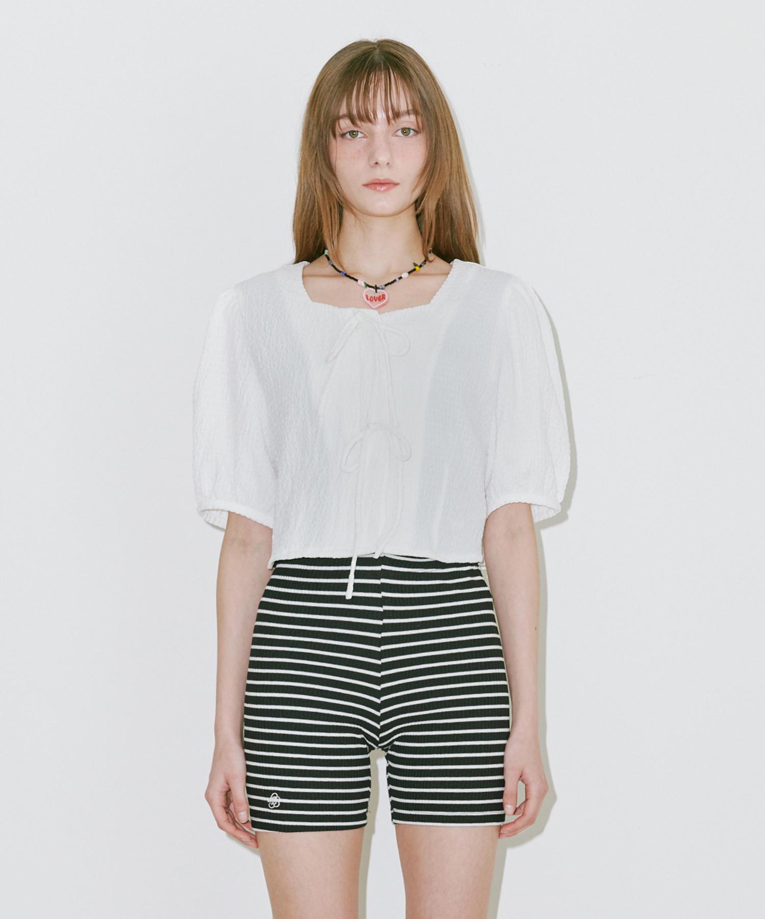Belloel Embossed Ribbon Crop Blouse Ivory Free