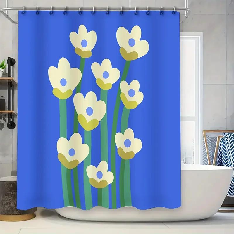 

Bold Blue Floral Shower Curtain For A Modern Bathroom, Featuring White Flowers With Yellow Accents On A Vibrant Background. W60H190(CM)-1 Pcs