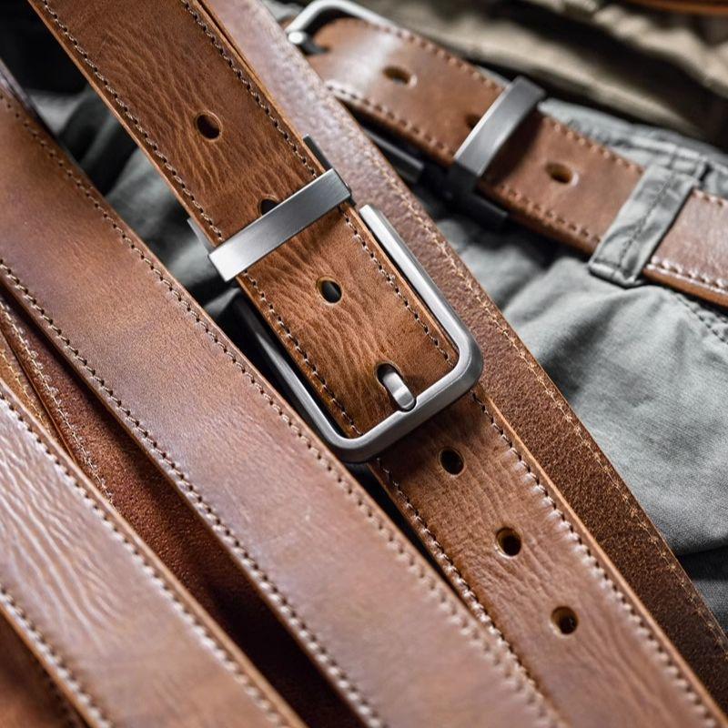 Vintage Handmade Top Grain Cowhide Belt - Men's Distressed Genuine Leather with Pin Buckle