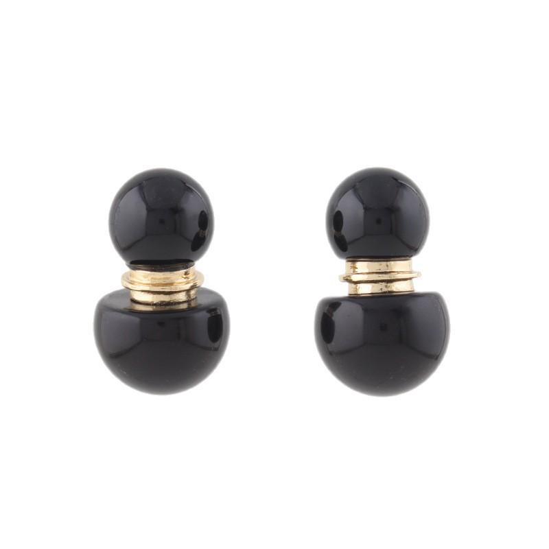 European & American Style Geometric Red Round Bead & Black Agate Resin Earrings: Double-Sided French Retro Classic Studs