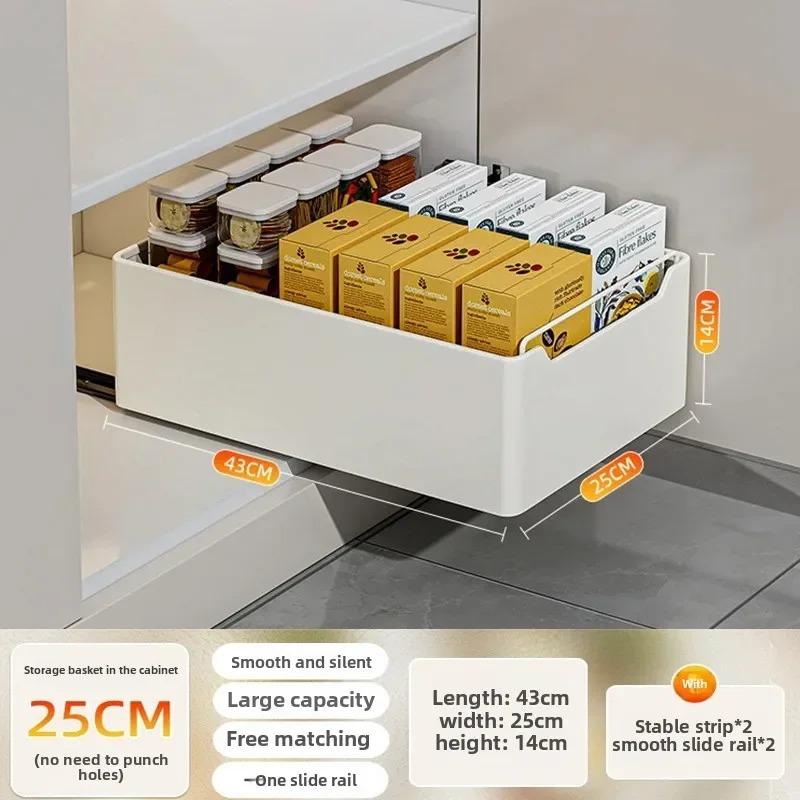 Neues Lagerregal für die Küche mit Gleitschienen, ausziehbare Ablage in Schubladenform, Gewürzbox, Lagerregal, Schränke, Organizer