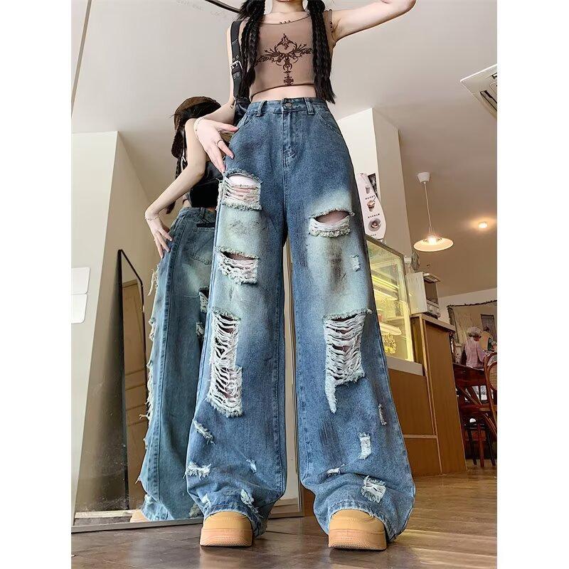 

JYL Women s Straight Jeans American High-Street Ripped Summer High-Waist Vibe Denim Pants XL безодня